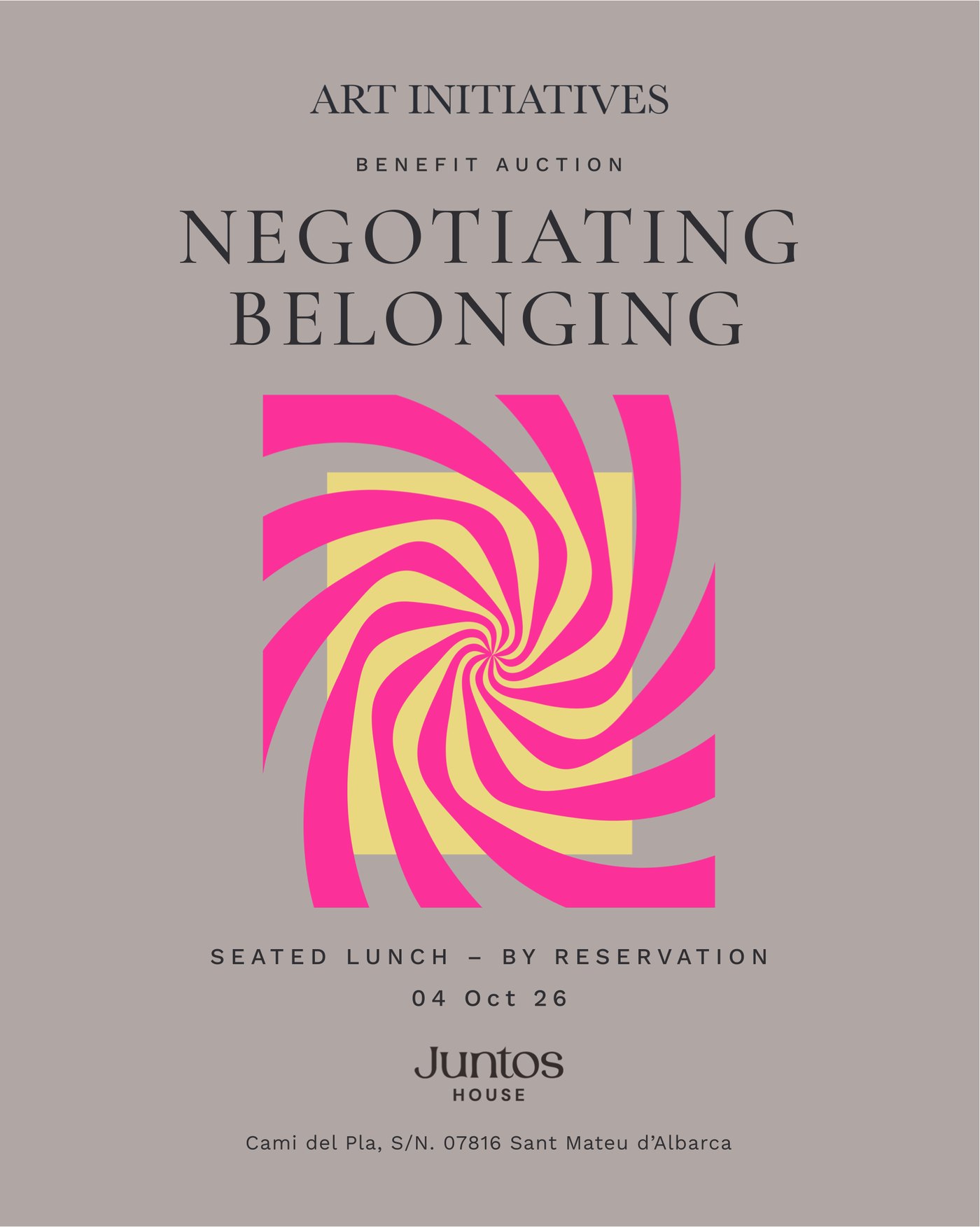 Negotiating Belonging, invitation to the 2026 benefit auction and seated lunch at Juntos House, 4 October 2026.